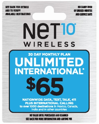 NET10 Wireless Unlimited International $65 Phone Card Perspective: front