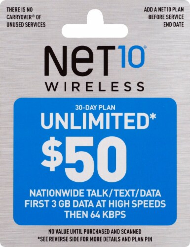 NET10 Wireless Unlimited $50 Phone Card Perspective: front