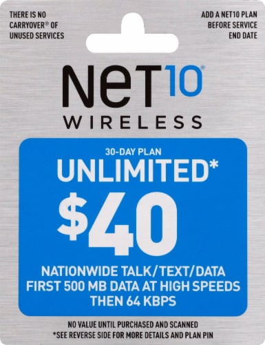 NET10 Wireless Unlimited $40 Phone Card Perspective: front