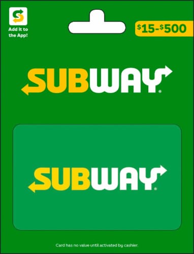 Subway $15-$500 Gift Card Perspective: front