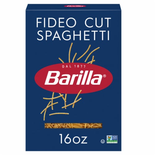 Barilla Blue Box Fideo Cut Spaghetti Non-GMO Certified & Kosher Pasta Perspective: front