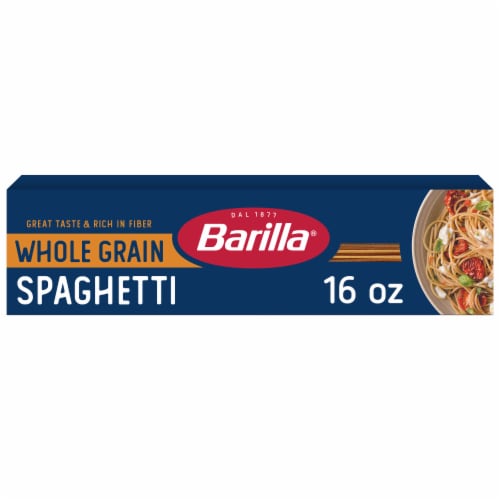 Barilla Whole Grain Spaghetti Non-GMO and Kosher Pasta Made With Whole Wheat Perspective: front