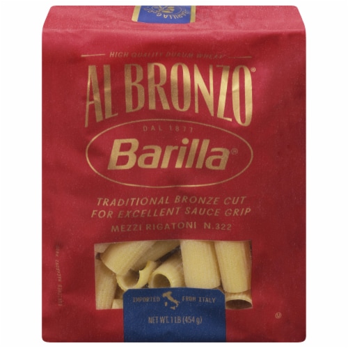 Barilla® Al Bronzo® Mezzi Rigatoni Pasta, Bronze Cut Pasta, Imported From Italy Perspective: front