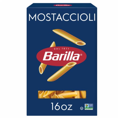 Barilla Mostaccioli Pasta, Quality Non-GMO and Kosher Certified Pasta Perspective: front