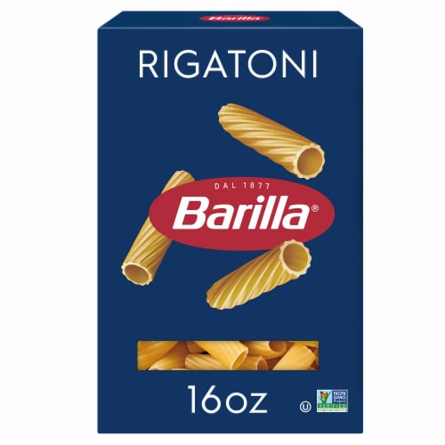Barilla Blue Box Rigatoni Non-GMO Certified and Kosher Pasta Perspective: front