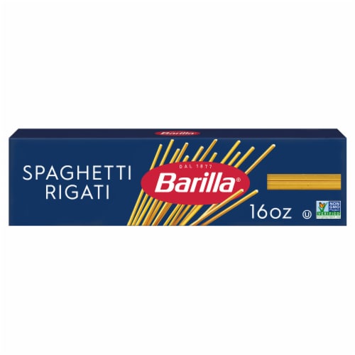Barilla Blue Box Spaghetti Rigati Non-GMO Certified & Kosher Pasta Perspective: front
