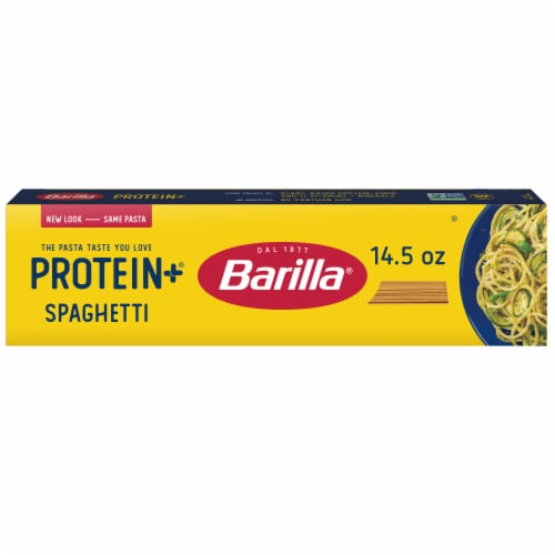 Barilla Protein+ (Plus) Spaghetti Pasta Non-GMO and Kosher Certified Plant Based Protein Pasta Perspective: front