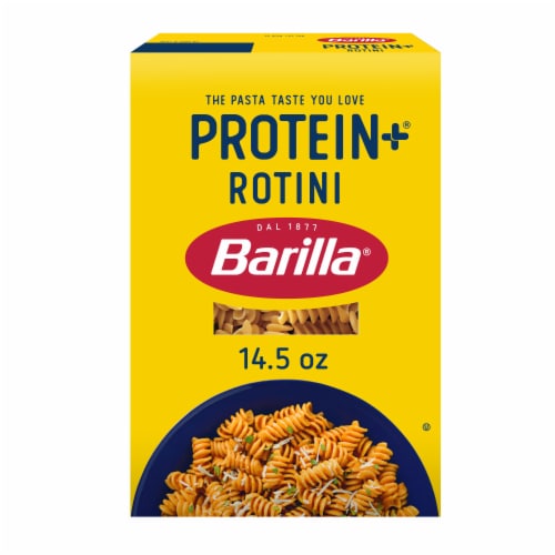 Barilla Protein+ (Plus) Rotini Pasta Non-GMO and Kosher Certified Plant Based Protein Pasta Perspective: front