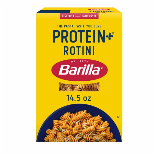 Barilla Protein+ (Plus) Rotini Pasta Non-GMO and Kosher Certified Plant Based Protein Pasta Perspective: front