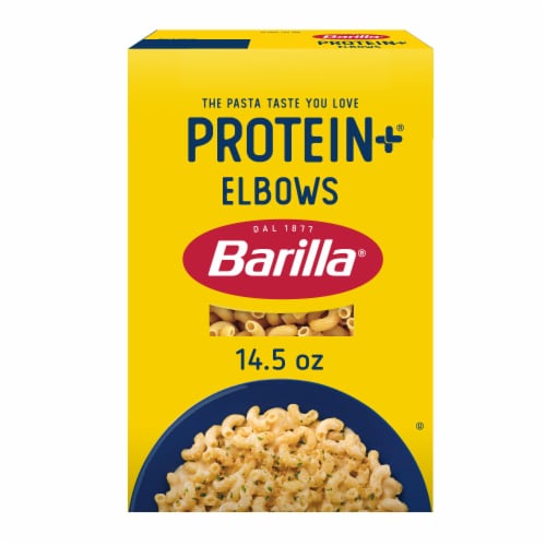 Barilla Protein+ (Plus) Elbows Pasta Non-GMO and Kosher Certified Plant Based Protein Pasta Perspective: front
