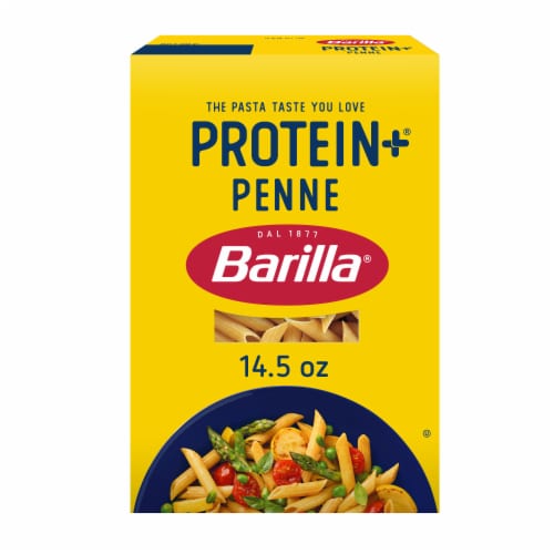 Barilla Protein+ (Plus) Penne Pasta Non-GMO and Kosher Certified Plant Based Protein Pasta Perspective: front