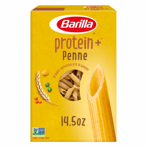 Barilla Protein+ (Plus) Penne Pasta Non-GMO and Kosher Certified Plant Based Protein Pasta Perspective: front