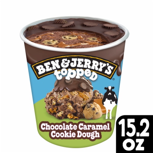 Ben & Jerry's Ice Cream Pint Chocolate Caramel Cookie Dough Topped Chocolate Pint Perspective: front