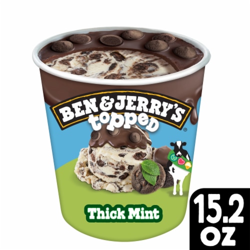 Ben & Jerry's Topped Thick Mint with Chocolate Cookies and Mint Chocolate Cookie Dough Ice Cream Perspective: front