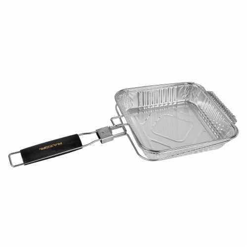 Razor Popcorn Maker With Four Aluminum Foil Pans Wooden Handle And Ring Lock Perspective: front
