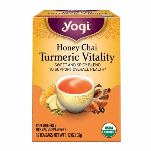 Yogi Organic Caffine Free Honey Chai Tumeric Vitality Tea Bags Perspective: front