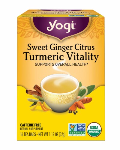 Yogi Sweet Ginger Citrus Turmeric Vitality Organic Herbal Tea Bags Perspective: front