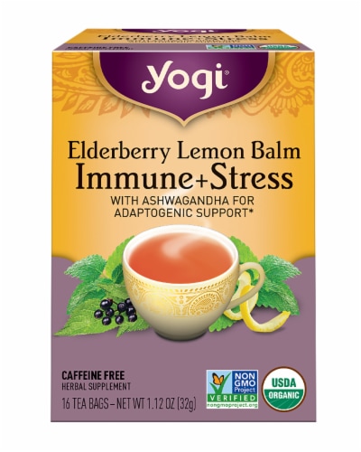 Yogi Elderberry Lemon Balm Immune + Stress Herbal Organic Tea Bags Perspective: front