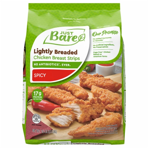 Just Bare Fully Cooked Lightly Breaded Spicy Chicken Breast Strips Perspective: front