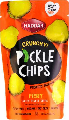 Haddar Crunchy! Fiery Spicy Pickle Chips Perspective: front