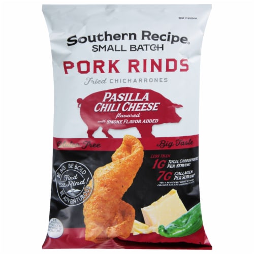 Southern Recipe Small Batch Pasilla Chili Cheese Pork Rinds Chips Perspective: front