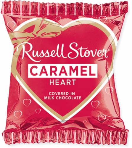 Russell Stover Caramel Heart Covered with Milk Chocolate Valentine Candy Perspective: front