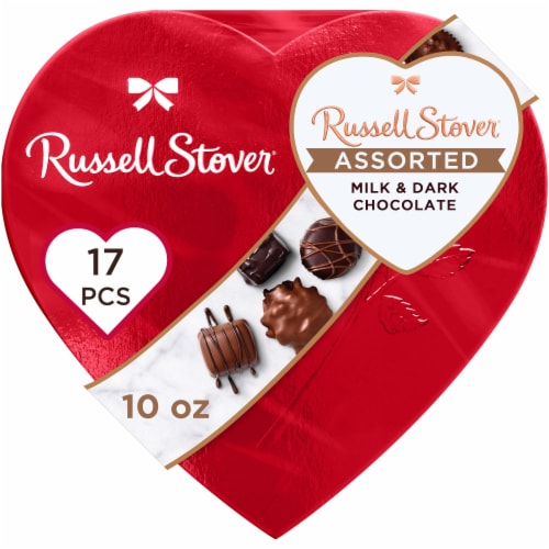 Russell Stover Assorted Milk & Dark Chocolates Red Foil Heart Valentine Candy Gift Box Perspective: front