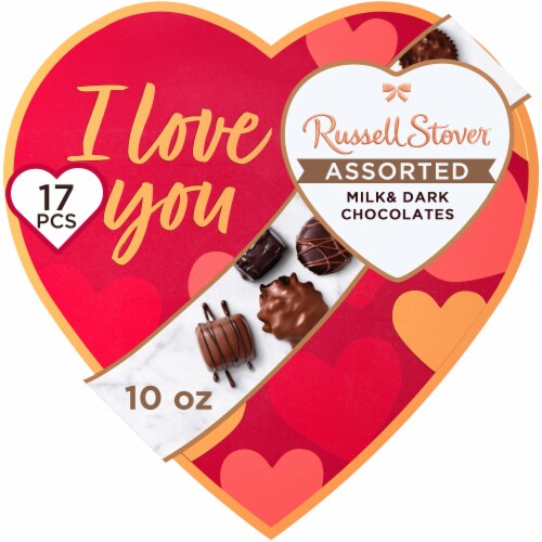 RUSSELL STOVER Valentine's Day "LOVE" Heart Assorted Milk & Dark Chocolate Candy Gift Box Perspective: front