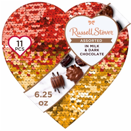 Russell Stover® Assorted Milk & Dark Chocolates Sequin Heart Valentine Candy Gift Box Perspective: front