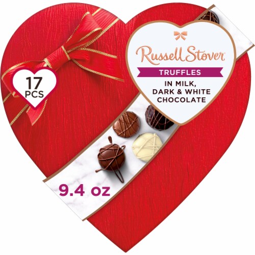 RUSSELL STOVER Valentine's Day Fabric Heart Milk, Dark & White Chocolate Truffle Candy Gift Box Perspective: front