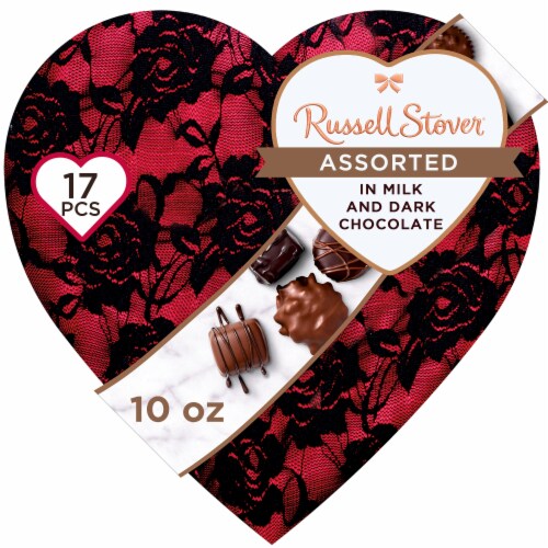 RUSSELL STOVER Valentine's Day Secret Lace Heart Assorted Milk & Dark Chocolate Gift Box Perspective: front