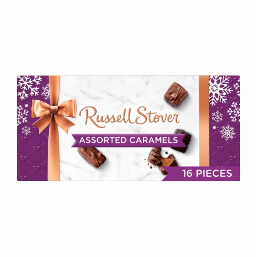 RUSSELL STOVER Christmas Assorted Caramels in Milk & Dark Chocolate Gift Box Perspective: front
