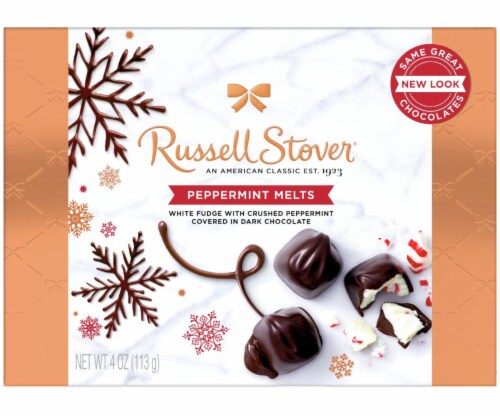 Russell Stover Peppermint Melts White Fudge in Dark Chocolate Perspective: front