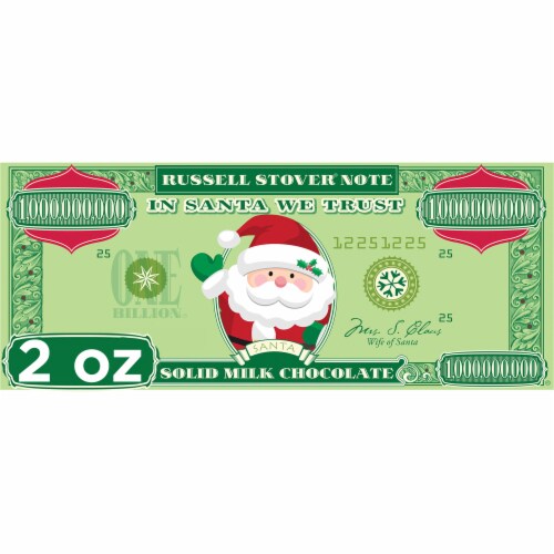 RUSSELL STOVER Christmas Santa Solid Milk Chocolate Money Bar Perspective: front