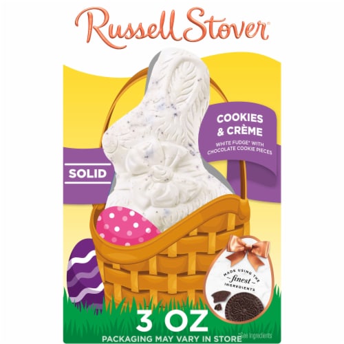 RUSSELL STOVER Easter Bunny Cookies & Crème Solid White Fudge Chocolate Candy Rabbit Perspective: front