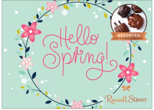 Russell Stover Hello Spring! Assorted Milk and Dark Chocolates Easter Expressions Box Perspective: front