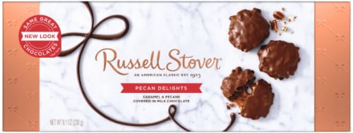 Russell Stover Caramel & Pecans Covered in Milk Chocolate Pecan Delights Perspective: front