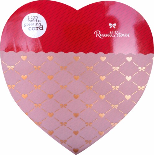 Russell Stover Assorted Milk Chocolate Caramels Card Pocket Heart Shaped Box Perspective: front