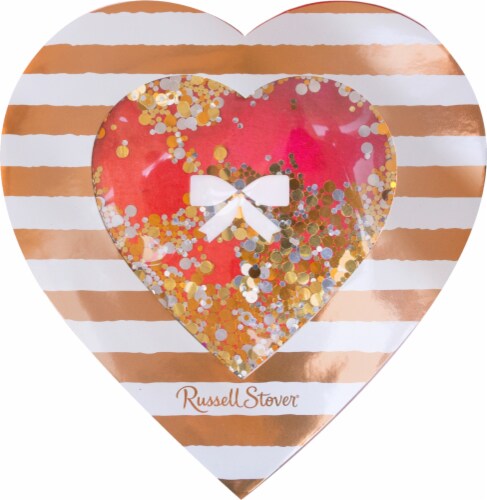 Russell Stover Creamy Assorted Chocolate Confetti Bow Heart Shaped Box Perspective: front