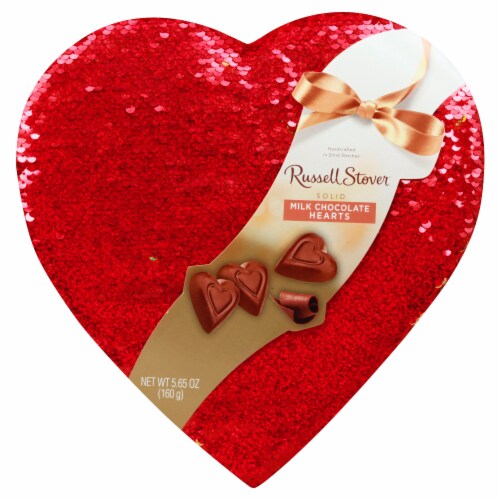Russell Stover Creamy Milk Chocolate Solid Hearts in Double Sided Sequins Heart Perspective: front