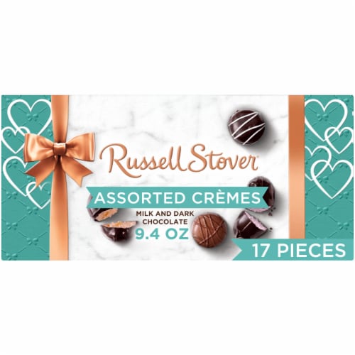 Russell Stover Assorted Creams Milk & Dark Chocolate Valentine Candy Gift Box Perspective: front