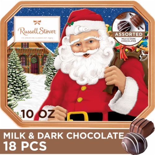 RUSSELL STOVER Christmas Assorted Milk & Dark Chocolate Santa Gift Tin Perspective: front
