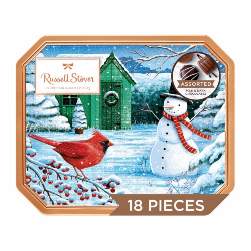 Russell Stover Holiday Assorted Traditional Chocolate Tin Perspective: front