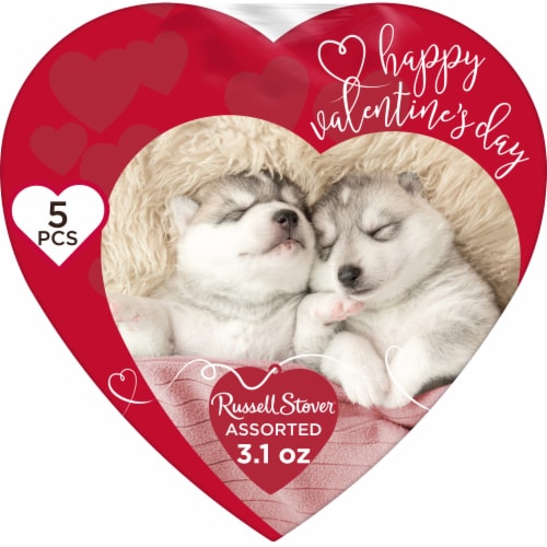 Russell Stover Assorted Chocolates Puppies Heart Valentine Candy Gift Box Perspective: front