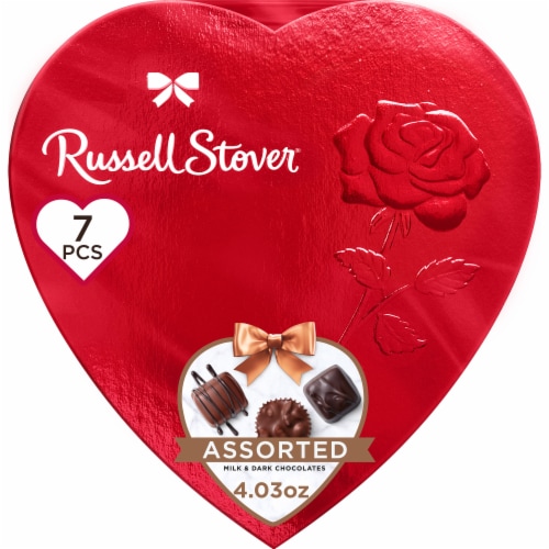 Russell Stover Assorted Milk & Dark Chocolates Red Foil Heart Valentine Candy Gift Box Perspective: front