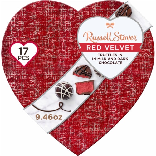RUSSELL STOVER Valentine's Day Red Velvet Truffle in Milk & Dark Chocolate Heart Gift Box Perspective: front