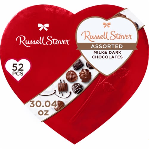 RUSSELL STOVER Valentine's Day Red Foil Heart Assorted Milk & Dark Chocolate Candy Gift Box Perspective: front