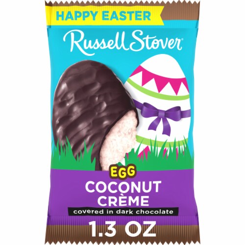 RUSSELL STOVER Easter Coconut Crème Dark Chocolate Candy Easter Egg Perspective: front
