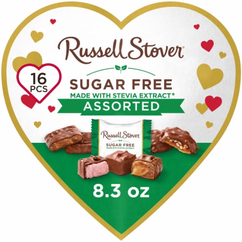 RUSSELL STOVER Valentine's Day Sugar Free Heart Assorted Chocolate Candy Gift Box Perspective: front