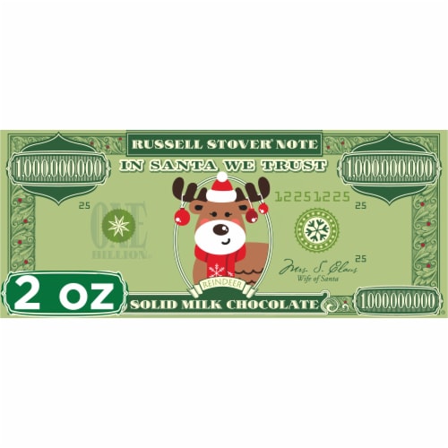 RUSSELL STOVER Christmas Reindeer Solid Milk Chocolate Candy Money Bar Perspective: front